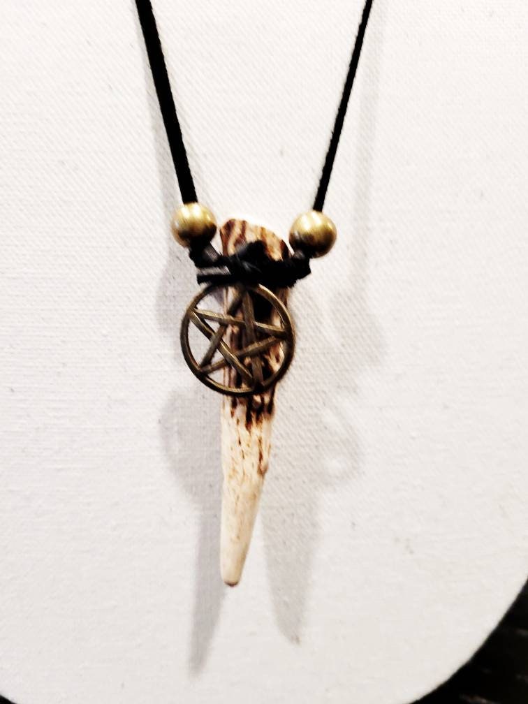 Pentacle Deer Antler tip necklace Witch Pagan Jewelry